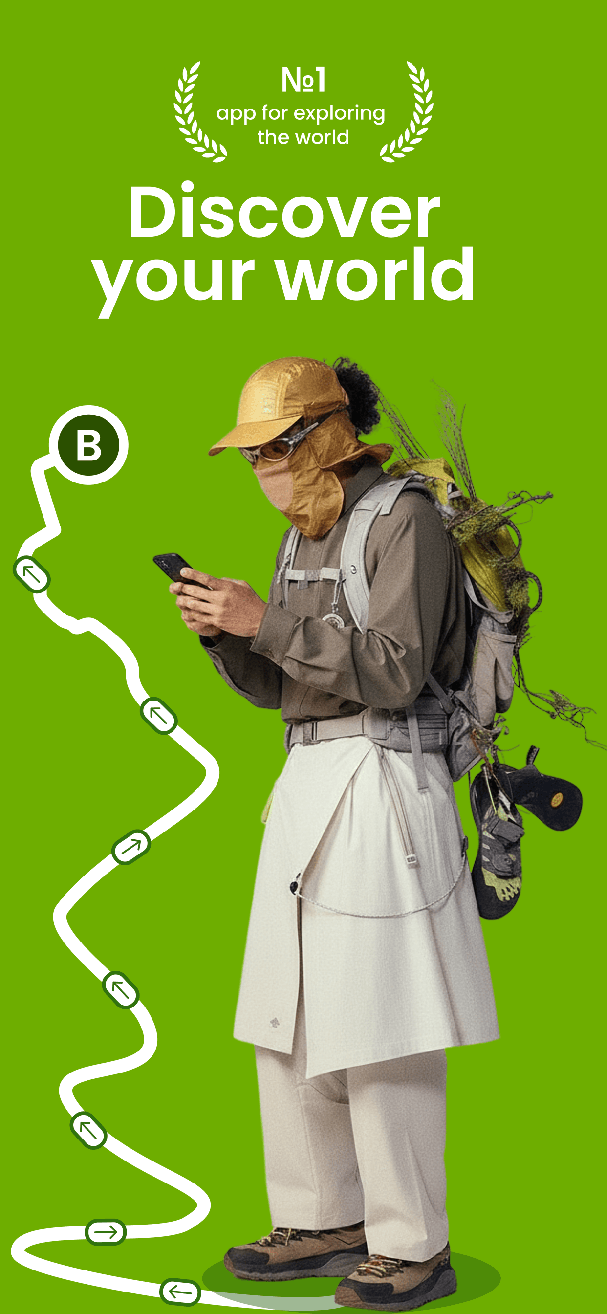 Discover your world — a hiker on a route, phone in hand