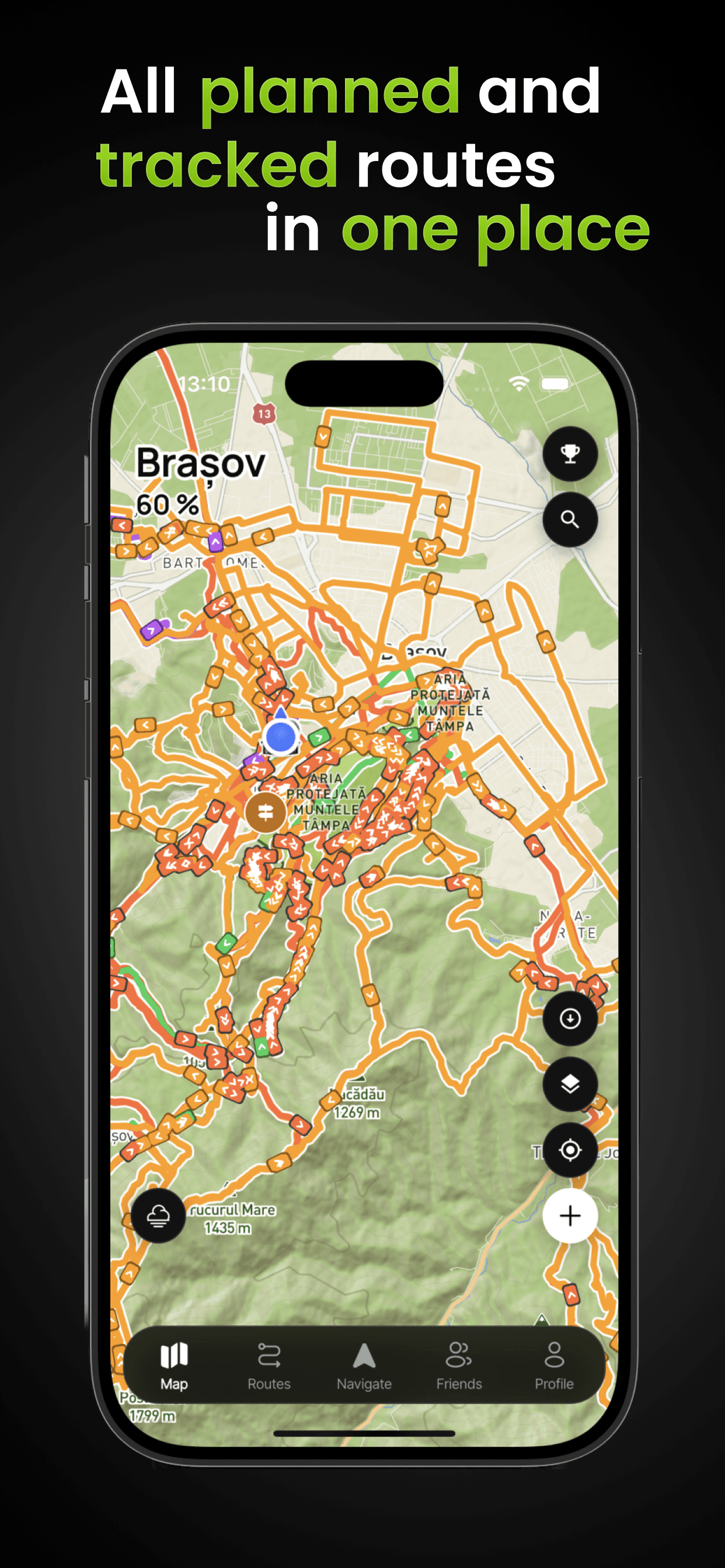 All planned and tracked routes in one place — Brasov at 60 percent, covered in orange traces