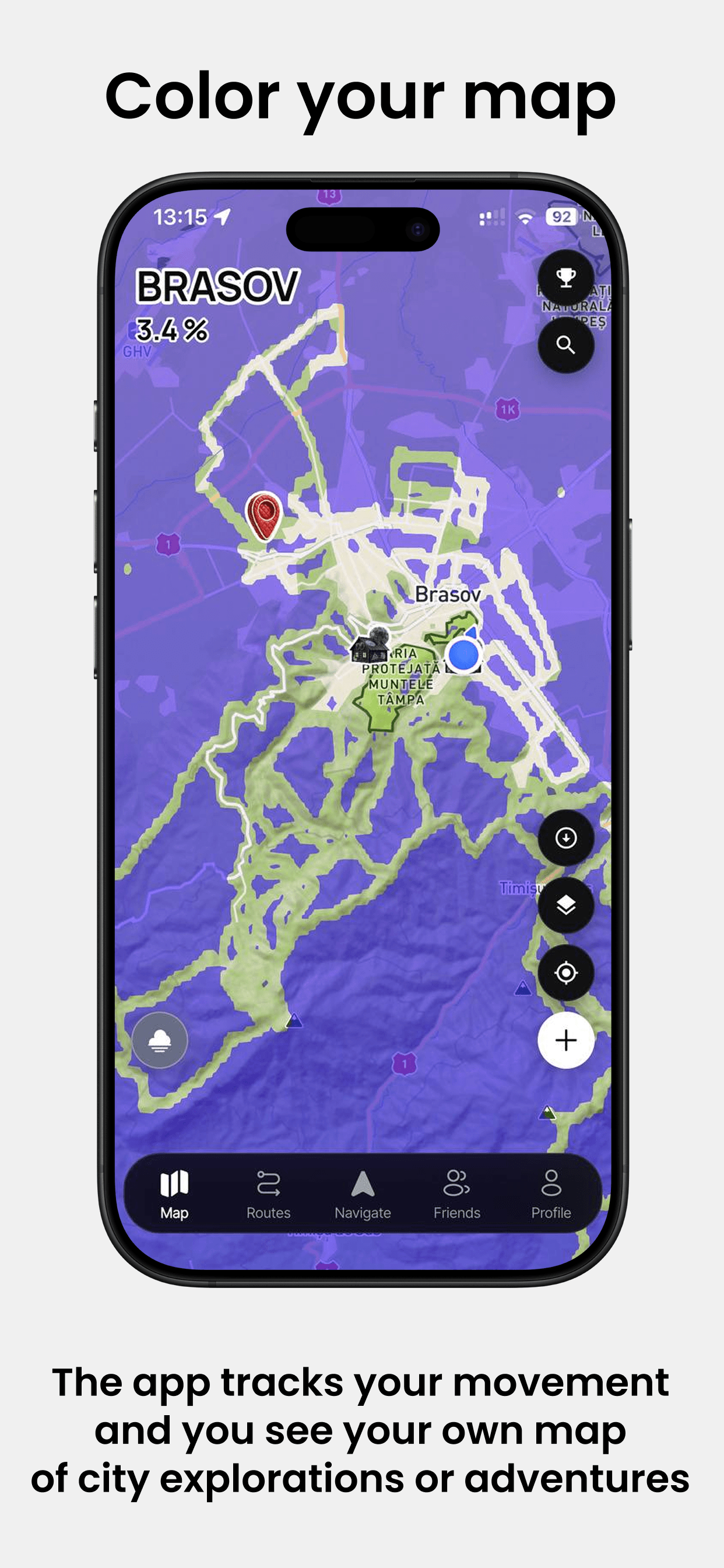 Color your map — explored streets cut out of the purple fog over Brasov