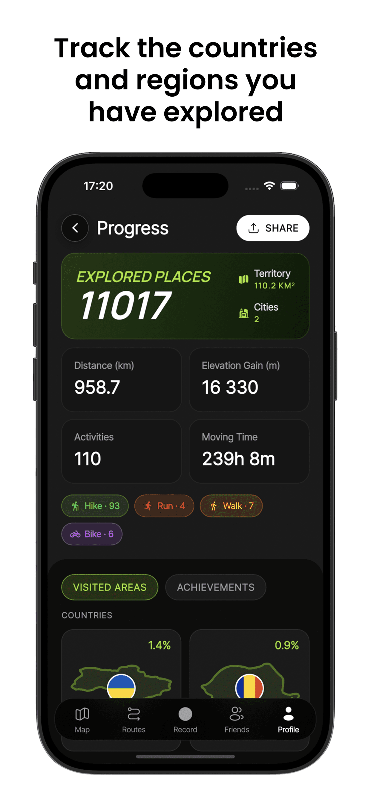 Track the countries and regions you have explored — the progress screen with distance, elevation and visited areas