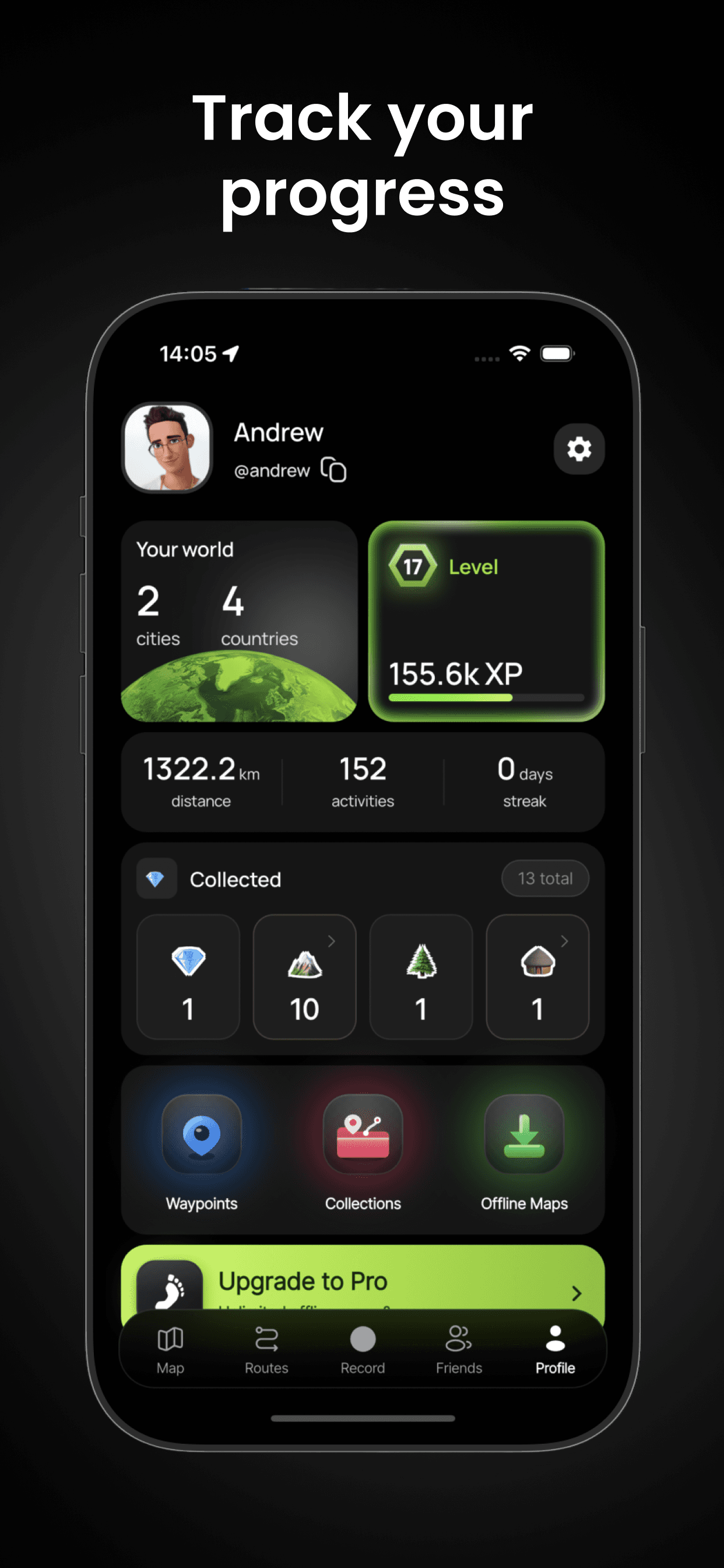 Track your progress — profile with level, XP and collected gems