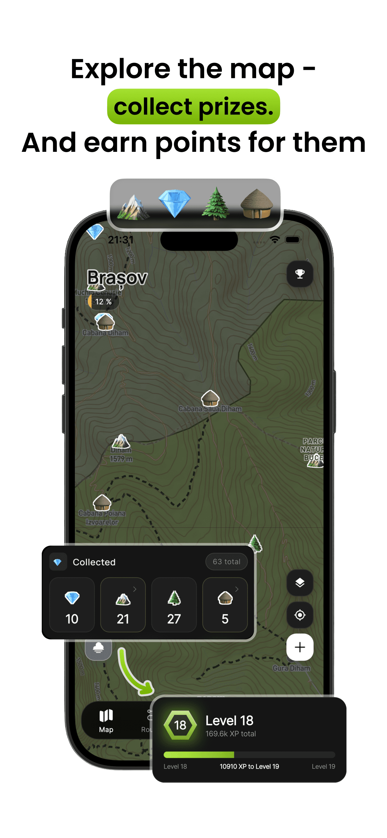 Explore the map, collect prizes — gems, peaks and huts scattered across the topo map