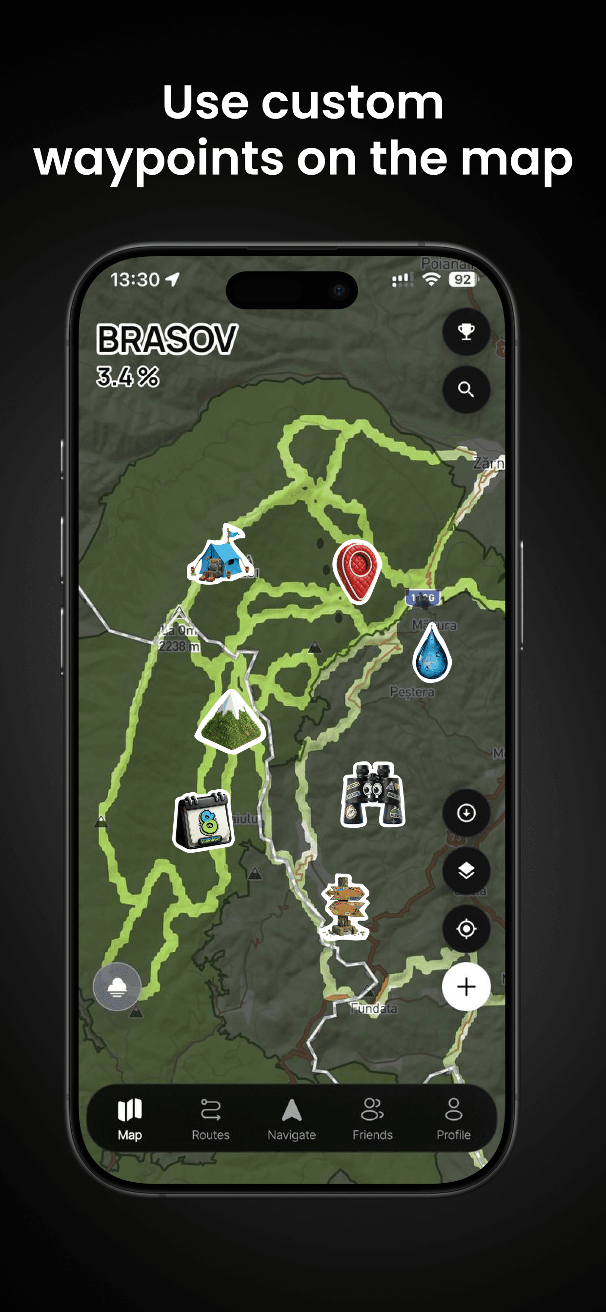 Use custom waypoints on the map — tent, water, viewpoint and signpost marks over a ridge