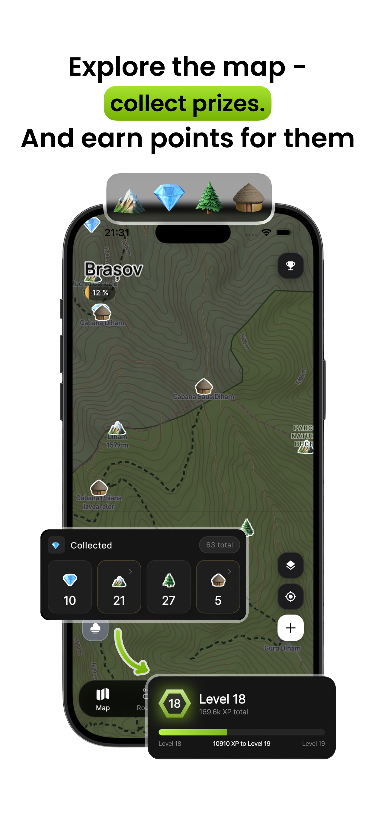 Gems, peaks and huts scattered across the topo map