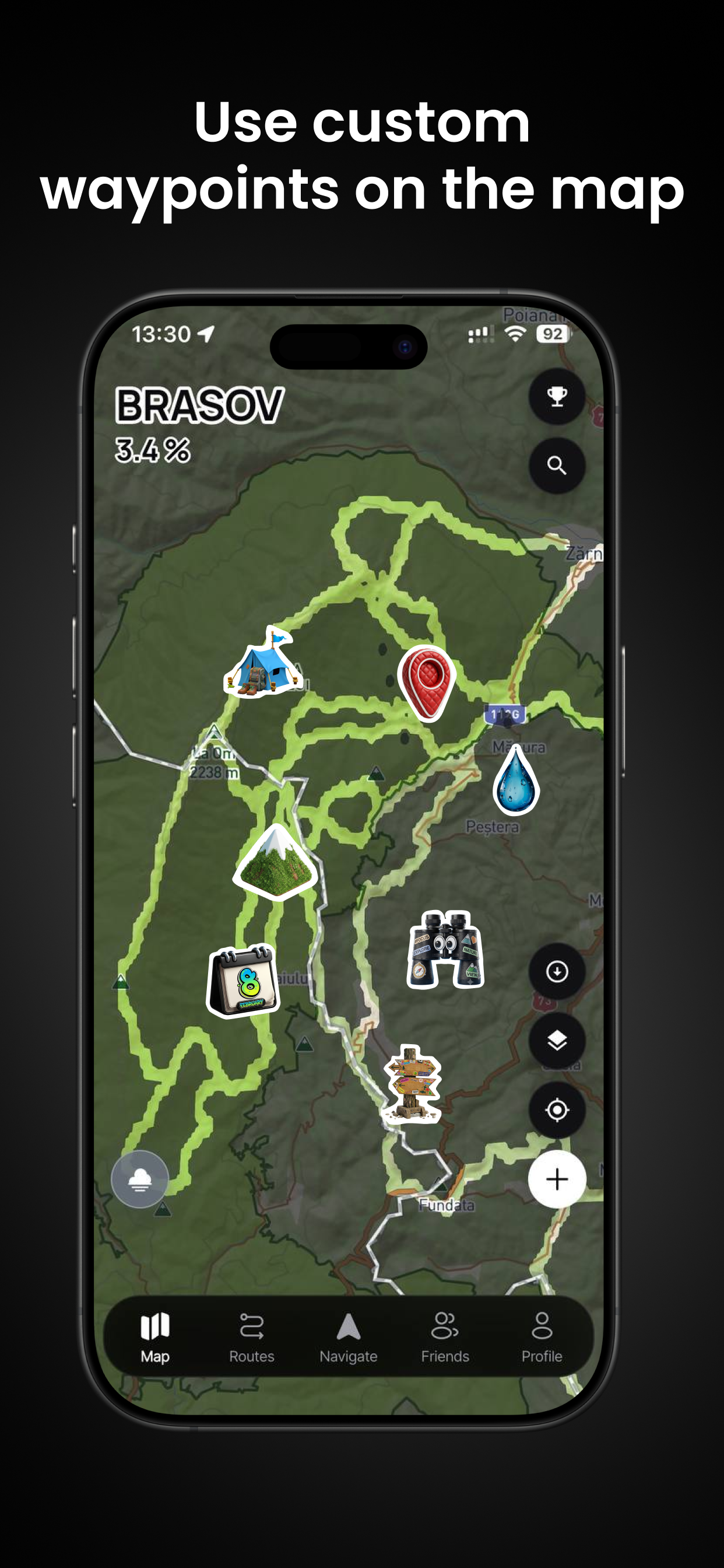 Custom waypoints on the map — tent, water, viewpoint and signpost marks over a ridge