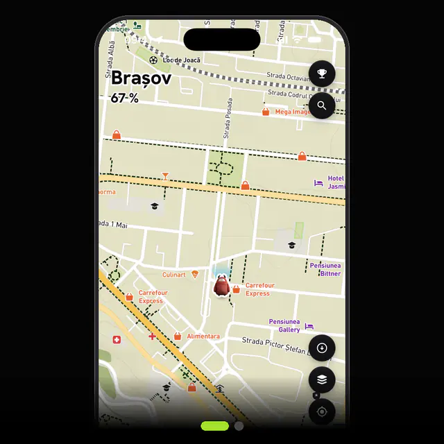 Coverage chip on the map: see how much of the city, region or country you have explored, and how you compare with friends.