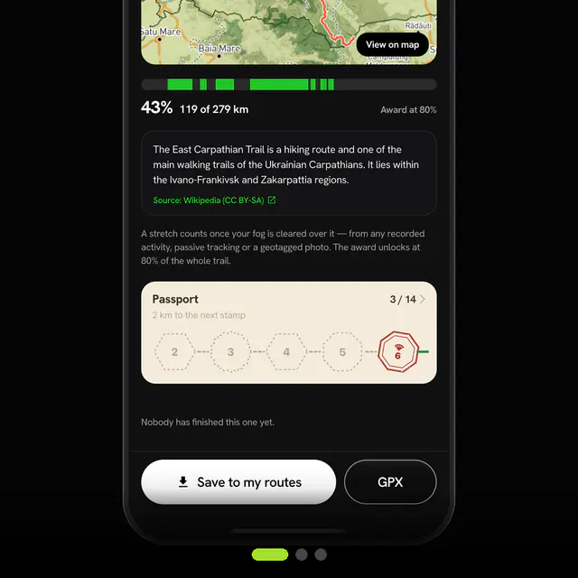 A trail passport: every ~20 km of a great trail you walk earns a stamp, on a page you can fill and share, and on the map where you earned it.