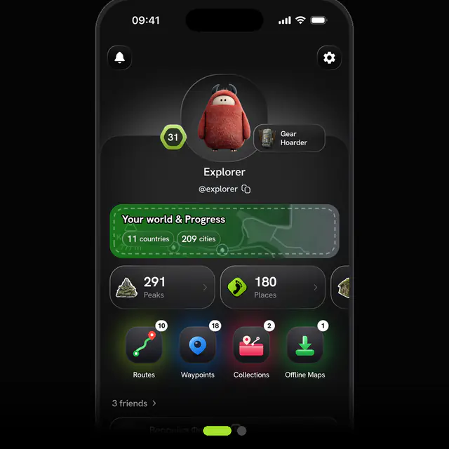 A rebuilt profile screen: your photo is the subject, with the level and your explorer title riding its shoulders, and everything else floating on a lit backdrop underneath.