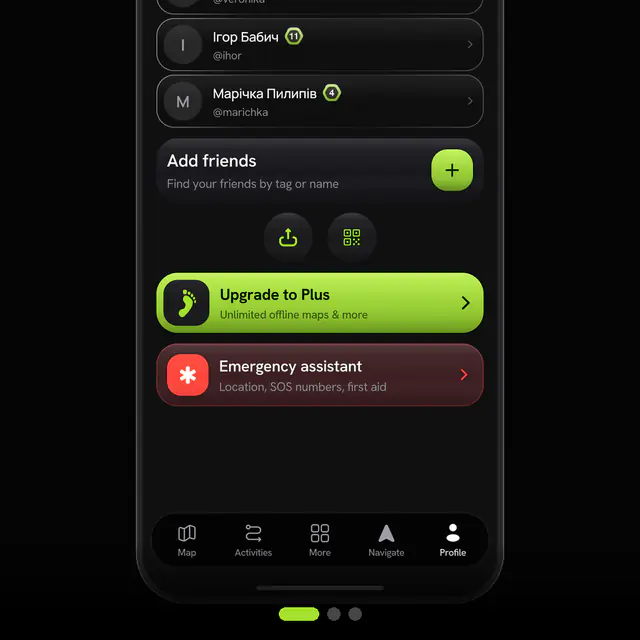 An emergency screen for when a walk goes wrong: your coordinates in a form you can read out to a dispatcher, the local emergency number, how much battery and daylight you have left, the nearest shelters, and a one-tap message to a trusted contact.